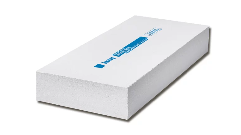 Weiße rechteckige Bauplatte mit blauem Aufdruck.